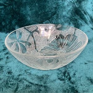 Vintage KIG Indonesia Clear Pressed Glass Serving Bowl Embossed Hibiscus Pattern